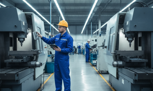 Inżynier w kasku ochronnym wykonujący przegląd techniczny maszyn przemysłowych w hali produkcyjnej.