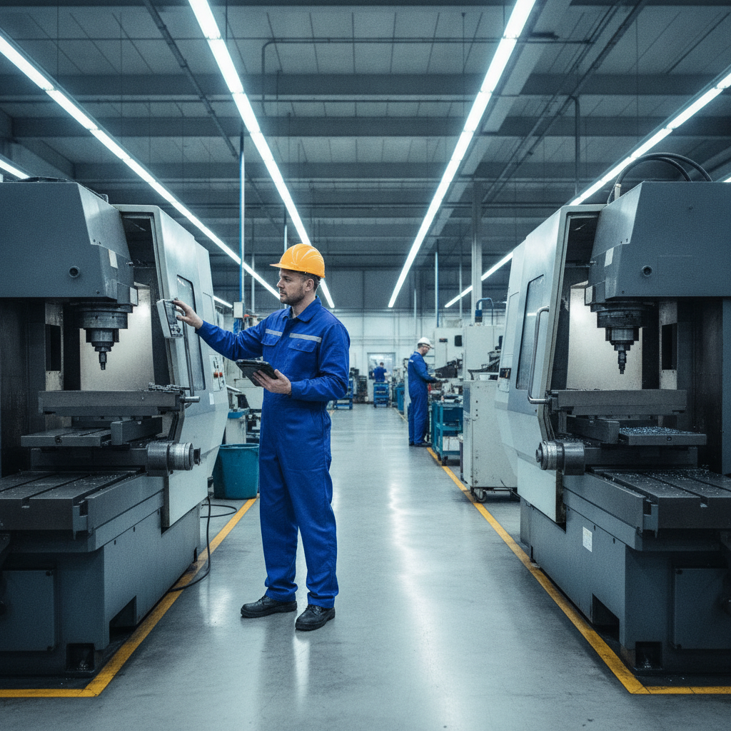 Inżynier w kasku ochronnym wykonujący przegląd techniczny maszyn przemysłowych w hali produkcyjnej.